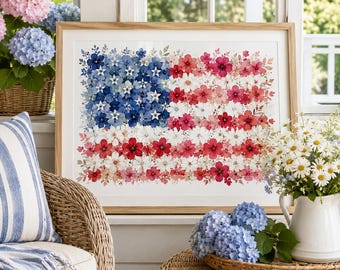 Arte mural floral con la bandera estadounidense, lámina patriótica de la bandera de EE. UU. en acuarela, decoración americana para el hogar, obra de arte del 4 de julio, decoración rústica para la pared