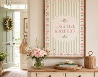 Lámina "Viva la niñez", arte mural coqueto, póster floral vintage, decoración de rayas rosas y verdes, arte para dormitorio shabby chic, decoración femenina para habitaciones