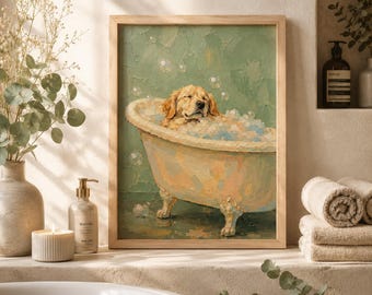 Decoración de baño con Golden Retriever, divertida decoración de baño con perros, lámina vintage de perro en la bañera, regalo para amantes de las mascotas, obra de arte de estilo cottagecore para el baño.