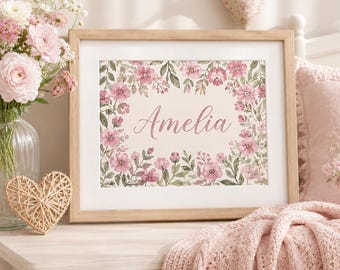 Lámina decorativa floral personalizada para la habitación del bebé, arte de pared personalizado para niña, letrero con nombre de flor rosa, regalo de decoración botánica para la habitación infantil.