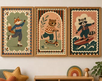 Juego de 3 láminas decorativas de animales del bosque para la habitación infantil, láminas de arte popular de zorro, mapache y oso, decoración caprichosa de animales del bosque, pósteres para la habitación y sala de juegos de los niños.