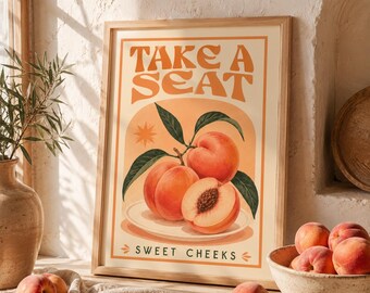 Siéntate, Mejillas Dulces, Arte de Pared de Melocotón, Decoración Divertida para la Cocina, Estampado Retro de Frutas, Póster de Cocina Estilo Campestre, Obra de Arte de Melocotón