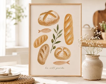Pan y pescado, lámina cristiana para pared, Él proveerá, decoración bíblica para la cocina, arte mural de estilo rústico con temática religiosa, regalo religioso