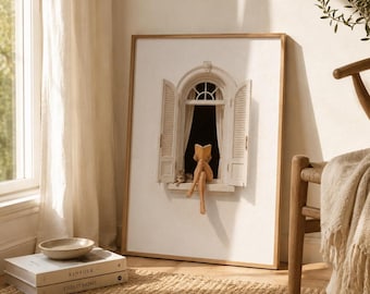 Cuadro de mujer leyendo en la ventana, lámina minimalista para amantes de los libros, decoración para un rincón de lectura acogedor, obra de arte de estética neutra, regalo literario.
