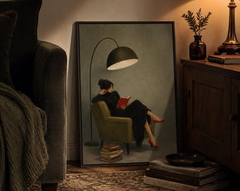 Cuadro decorativo acogedor para leer, lámina de mujer leyendo un libro, decoración literaria con un toque melancólico, regalo para amantes de los libros, obra de arte vintage para un rincón de lectura, póster de estilo Dark Academia.