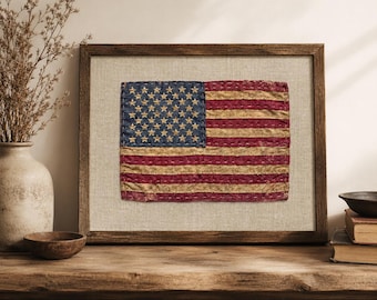 American Flag Textile Print, Navy Stripe Americana Wall Art, Coastal Patriotic Decor, Hamptons Style Vintage Fourth of July Print