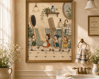 Vintage Bathroom Wall Art Print, Whimsical Fairy Bath Decor, Cottagecore Washroom Artwork, Antique Nursery Style Gift