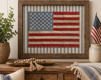 Cuadro decorativo vintage con la bandera estadounidense, decoración rústica patriótica para casa de campo, lámina de estilo americano para el hogar, obra de arte con la bandera de EE. UU., decoración para el 4 de julio.