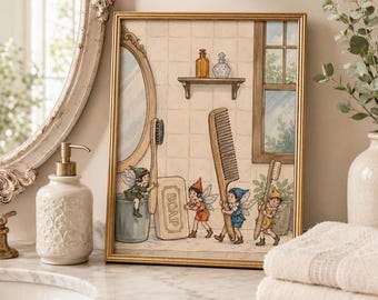 Lámina decorativa vintage para baño, decoración de baño con hadas caprichosas, arte de baño estilo cottagecore, regalo de estilo antiguo para habitación infantil.