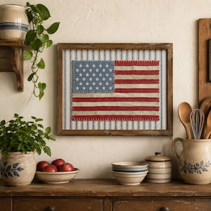 Vintage American Flag Print, Primitive Americana Wall Art, Patriotic Textile Decor, Rustic Colonial Flag Poster, Quilt Style Art