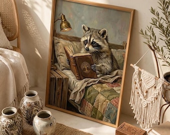 Cuadro de mapache leyendo en la cama, arte mural de animales divertido y acogedor, decoración caprichosa para el dormitorio de un amante de los libros, lámina de mapache literario adorable
