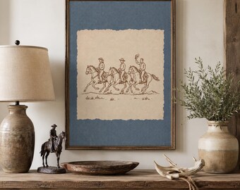 Arte mural rústico con sellos mexicanos, lámina vintage de vaquero y caballo, decoración de rancho occidental, póster de cabaña del suroeste, arte mural rústico para cabaña.
