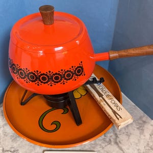 Fabulous MCM Fondue Set: Pot Lid Warmer, 6 Forks, Footed Tray; Orange, 1950-60s, Mod Kitsch