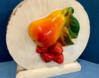 Vintage MILLER STUDIO Chalk Fruit Wooden Napkin Holder, Kitchen, Pear & Strawberries, 1940-50s