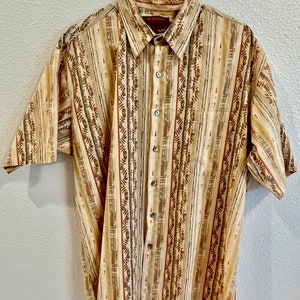 Vintage Authentic Men’s Hawaiian Shirt, Tori Richard, Honolulu, Cotton Striped Batik Print, Size L, #50