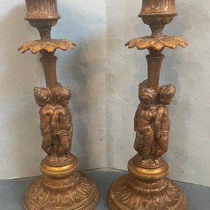 The Best Antique French Brass & Bronze Putti Candlesticks, AB, Paris, 9”, 19th Century