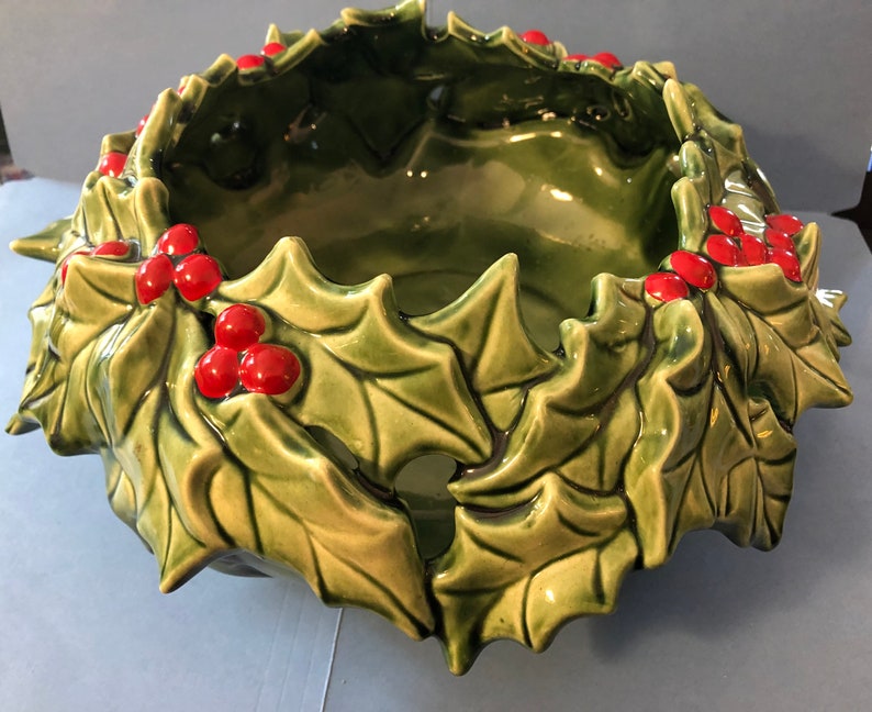 Very rare ceramic holly ceramic Xmas bowl go with light up Etsy