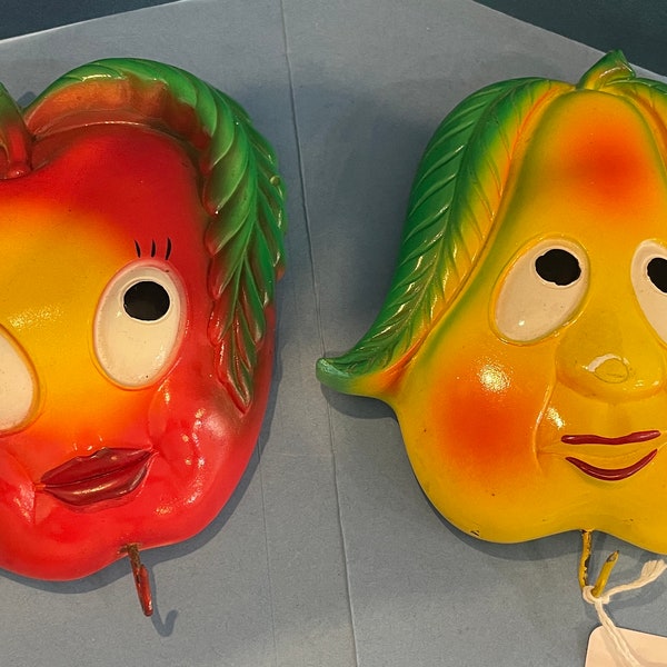 Pair Vintage MILLER STUDIO Anthropomorphic Fruit Face Chalk Kitchen Plaques, Hooks, Apple & Pear, 1960-70s