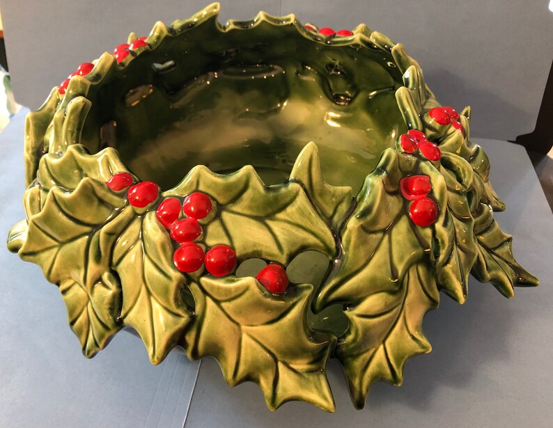 Very rare ceramic holly ceramic Xmas bowl go with light up Etsy