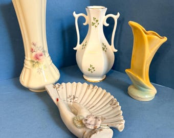 Choice 3 Bargain Vintage Vases: Irish Porcelain, 50s MIJ Hand w/Fan, 40s Shawnee Bud Vase