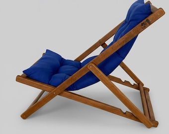 Folding Beach Chair: Blue Solid Wood Sun Lounger