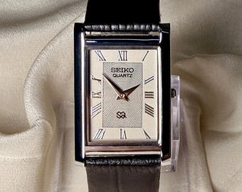 Vintage Seiko Slim Tank Watch: Black Roman Dial, Leather Strap - Etsy
