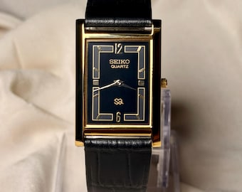 Orologio vintage Seiko Tank / Cassa rettangolare dorata, quadrante nero, prodotto in Giappone / Elegante orologio da polso sottile