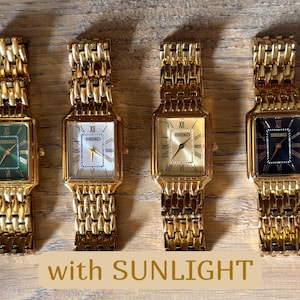 Pu&ograve; includere: Quattro orologi da polso Seiko con casse rettangolari color oro e cinturini a maglie color oro abbinati. I quadranti presentano numeri romani e la scritta "SEIKO". I quadranti sono verde, bianco, oro e nero. Il testo recita "with SUNLIGHT".