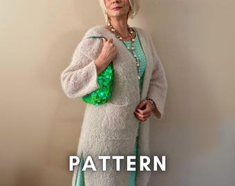 Patrón de tejido para cárdigan largo (PDF). CocoCardigan (inglés): Suéter de punto oversize para mujer. Patrón fácil de hacer.