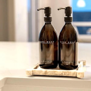 16 oz Refillable Dish Soap + 16 oz Hand Wash Dispenser, Amber Glass Bottle w/ Matte Black Pump