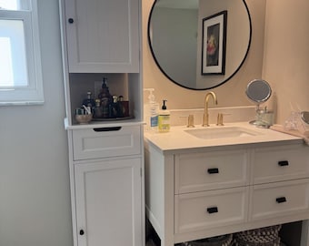 67" Tall Bathroom Cabinet, Freestanding Linen Tower, Adjustable Shelves, 2 Doors & Drawer