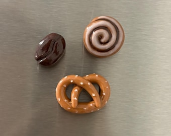 Mini Food Fridge Magnets - Pretzel, Cinnamon Roll, and Coffee Bean made of Polymer Clay - Handmade Kitchen and Office Decor