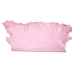 May include: A sheet of pink leather with a rough, uneven edge. The leather has a smooth, shiny surface and a lighter pink color on the underside. The material is likely used for crafting or upholstery.