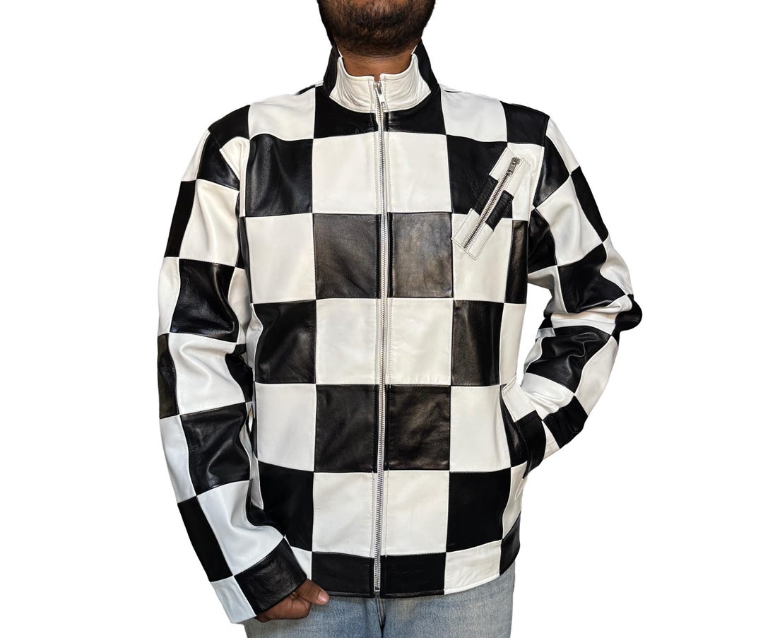 Checkerboard Leather Biker Jacket: Handmade Black & White Bomber - Etsy