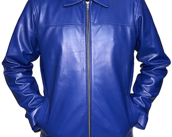 Men's Genuine Blue Leather Trucker Jacket: Handmade Biker Style