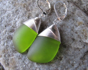 green sea glass earrings - wine bottle colored beach glass jewelry