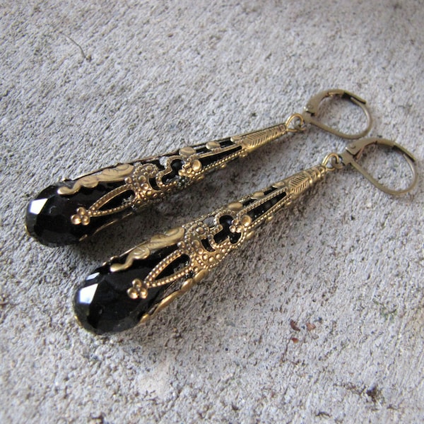 black extra long earrings - sparkle crystal teardrops- choice of bead color and ear wires - antique bronze