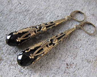 Boucles d'oreilles noires extra longues - larmes en cristal scintillant - choix de couleur de perle et de fils d'oreille - bronze antique