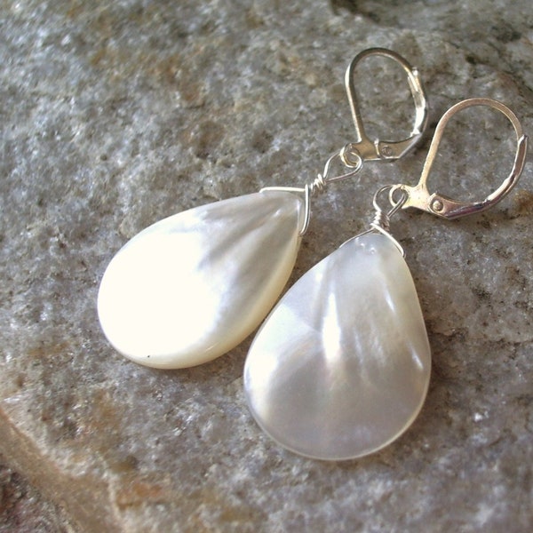 white pearl earrings, mother of pearl teardrops, lightweight,  silver lever back ear wires