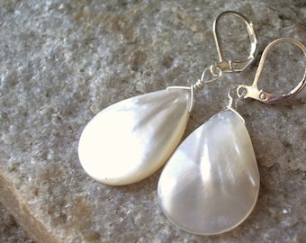 white pearl earrings, mother of pearl teardrops, lightweight,  silver lever back ear wires
