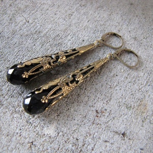 black extra-long earrings - sparkle crystal teardrops- choice of bead color and ear wires - antique bronze