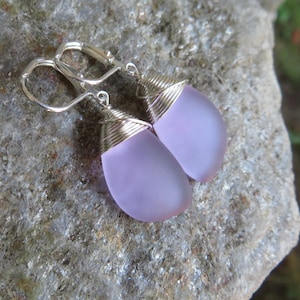purple sea glass earrings - beach glass jewelry -choice of wire material