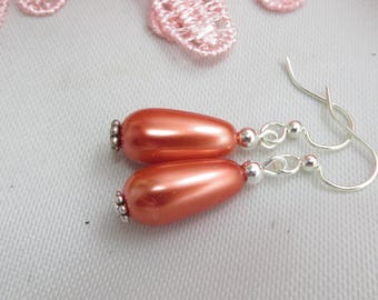 dark coral pearl earrings glass drop dark coral orange jewelry  wedding bridesmaid earrings