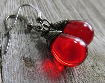 Tiny red drop earrings - smooth glass teardrops - choice of glass bead colors - hypoallergenic ear wires