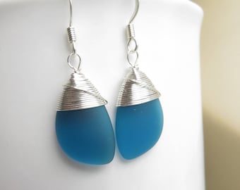 Teal blue seaglass earrings - beach glass jewelry
