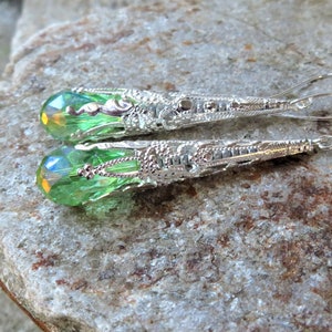 Long Peridot Green Victorian earrings - Vintage style glass crystals - choice of glass color and ear wire at checkout