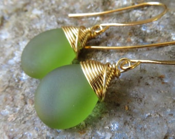 olive Green sea glass earrings - gold wire wrap - elegant beach jewelry