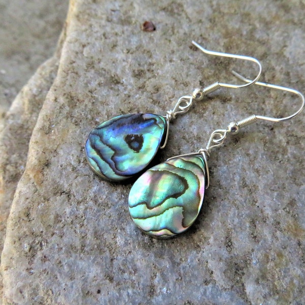 Abalone Earrings, Paua shell jewelry, lightweight irredescent teardrop dangles, hypoallergenic ear wires