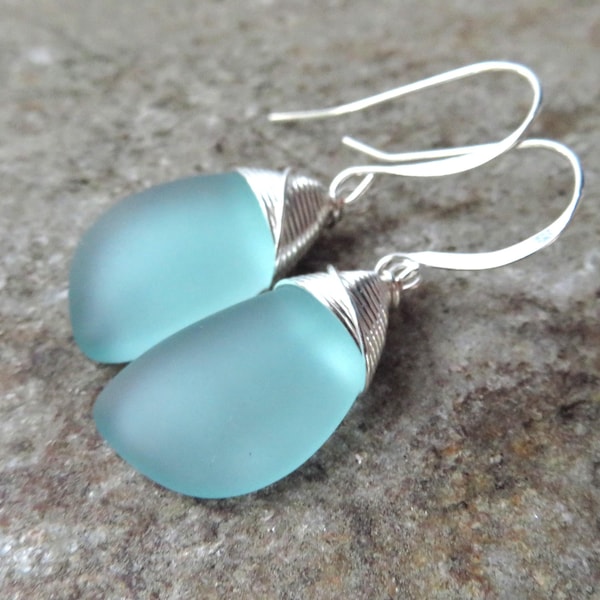 Sea glass earrings or necklace with silver wire wrap Beach Jewelry