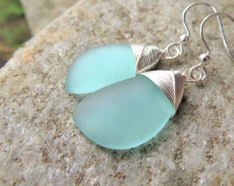 mint green Sea glass jewelry cultured beach earrings necklace or a set of both choice of colors